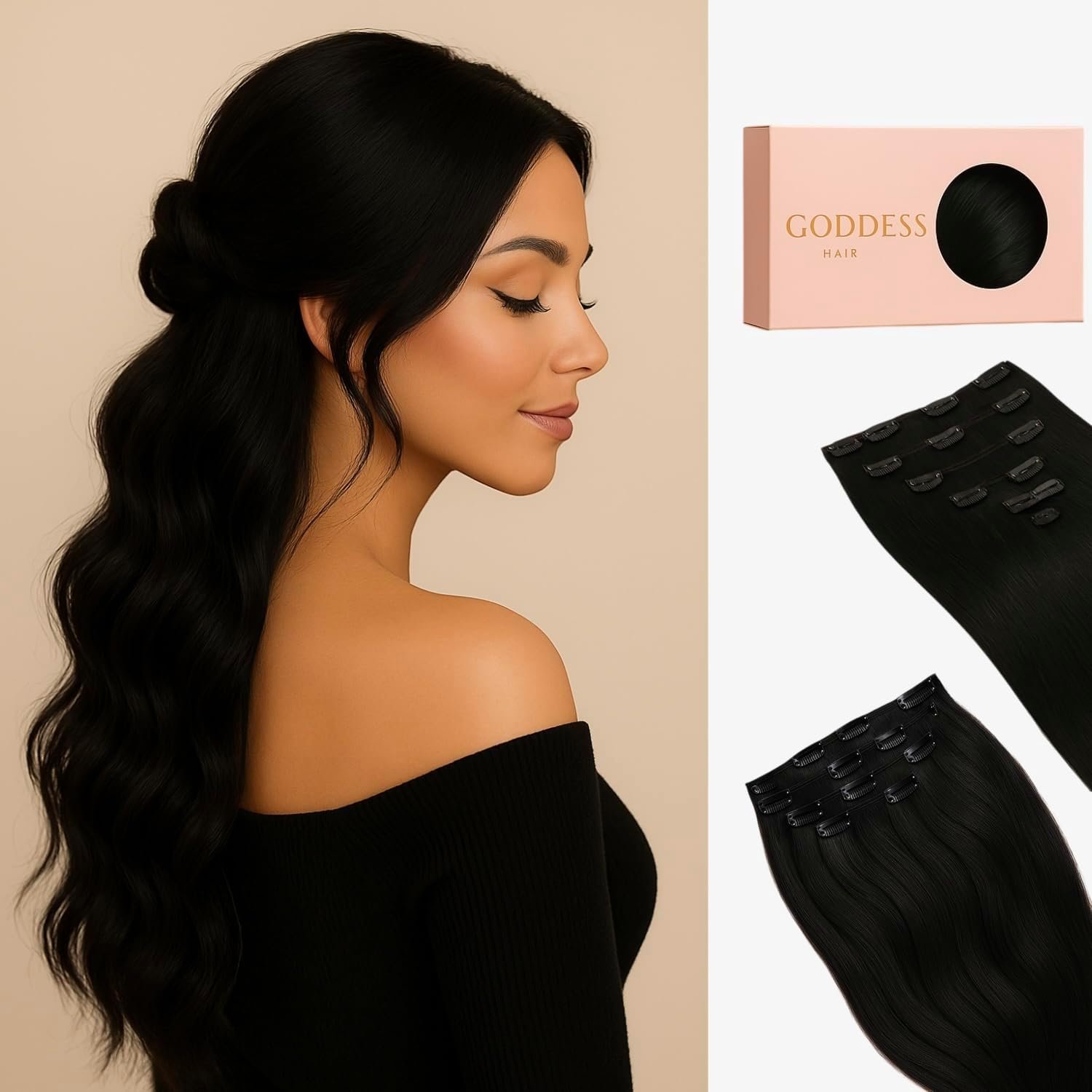 Remy Natural Hair Clip-In Extensions – 50cm, 80g, 7 Pieces – (#1A Natural Black)